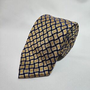 Ike Behar New York Mens Silk Tie Navy Blue Gold Geometric Medallion 3.5"x62"